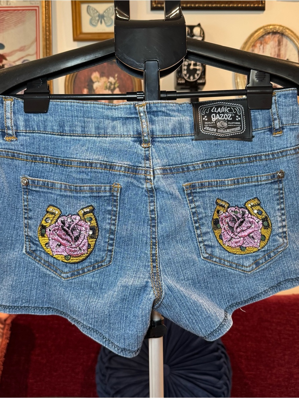 Classic Gazoz Y2K Women’s Blue Denim Shorts with Pink Embroidered Rose Detail